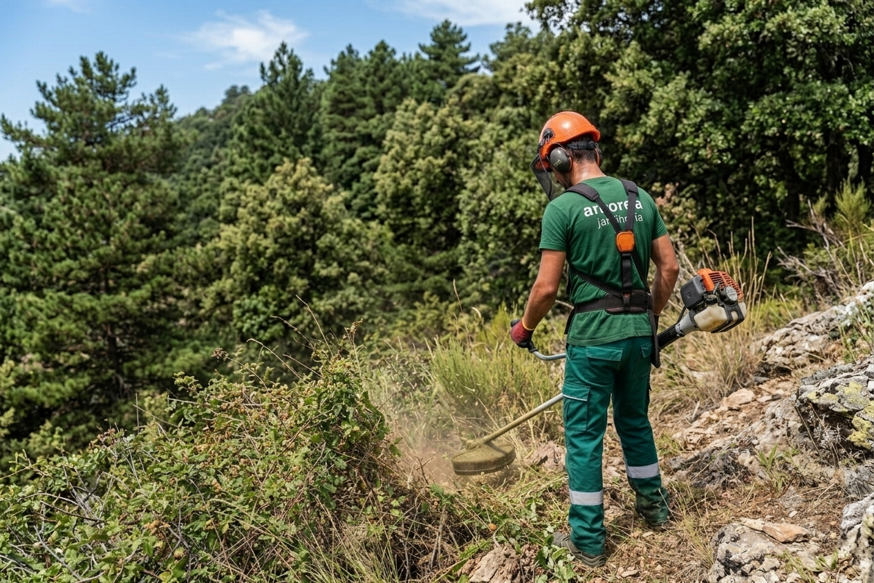 Jardinero de Arborea desbrozando maleza en una parcela con desbrozadora