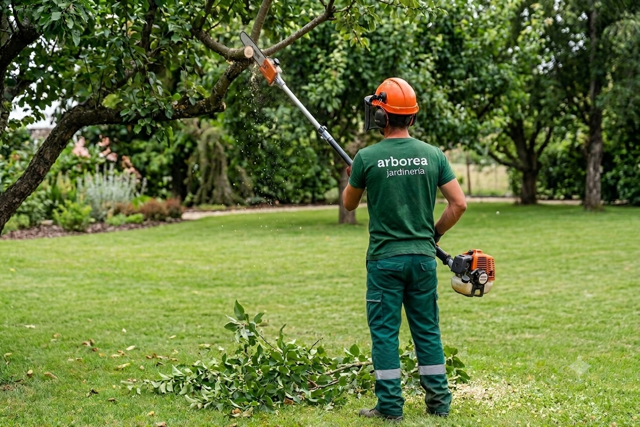 Jardinero de Arborea podando las ramas de un árbol con pértiga de poda