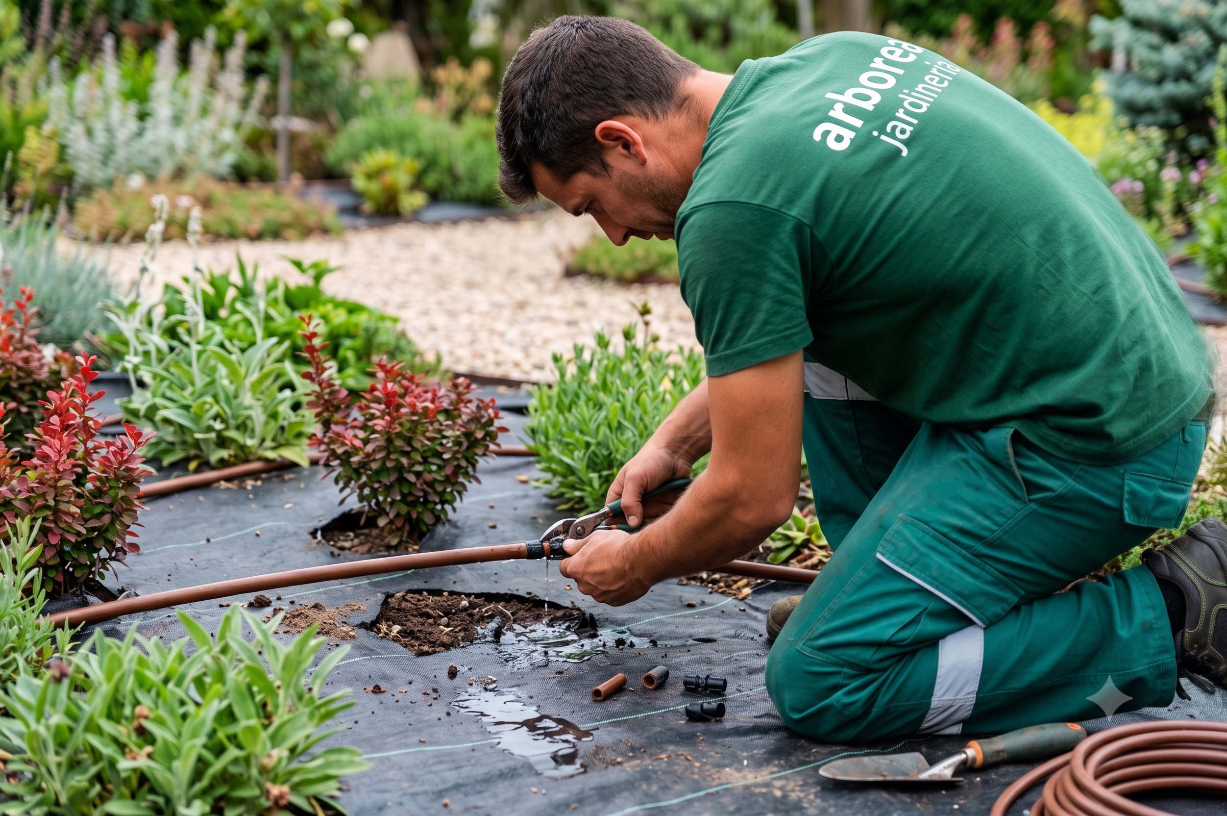 Jardinero de Arborea instalando riego por goteo en un macizo de plantas