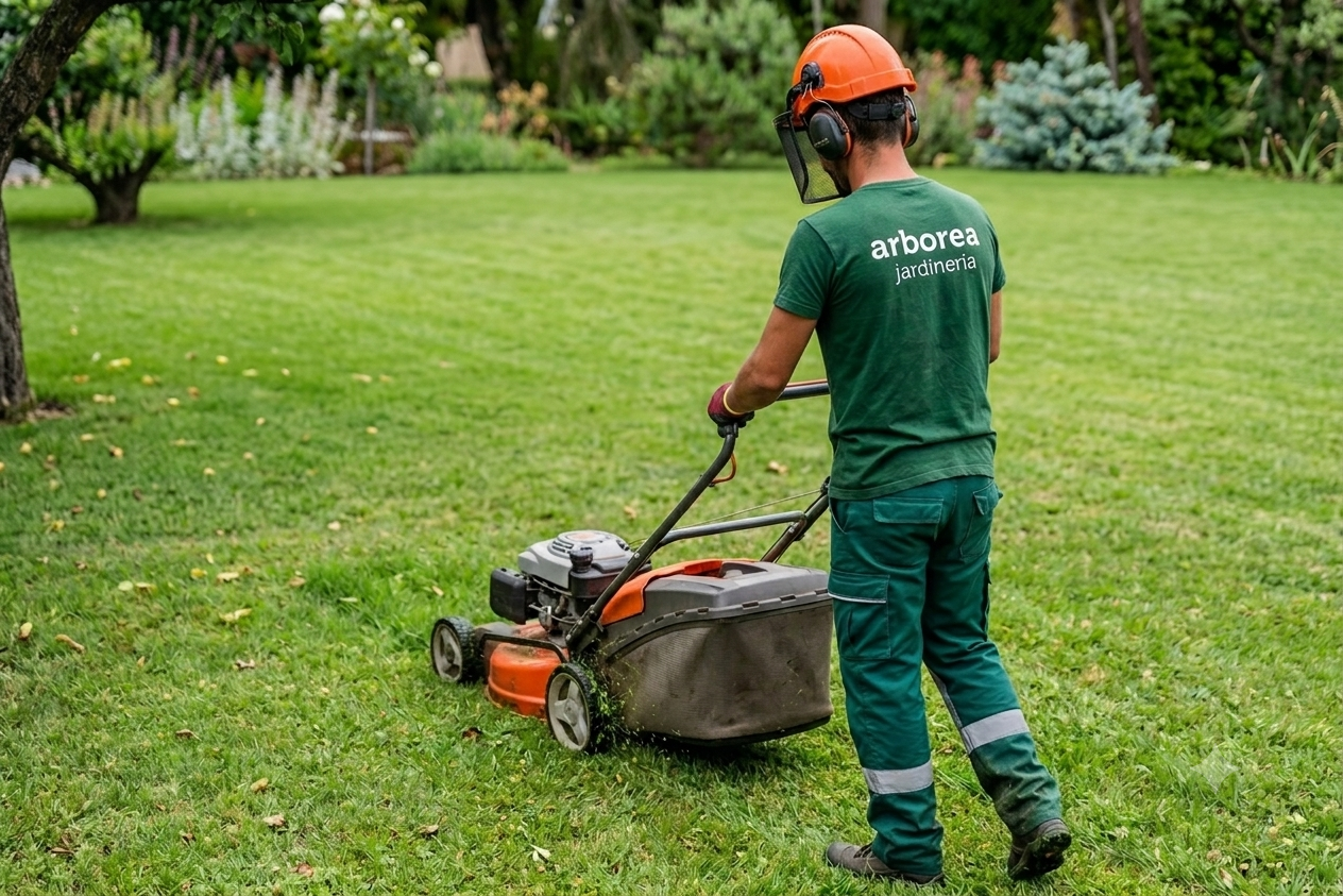 Jardinero de Arborea segando el césped de un chalet con cortacésped